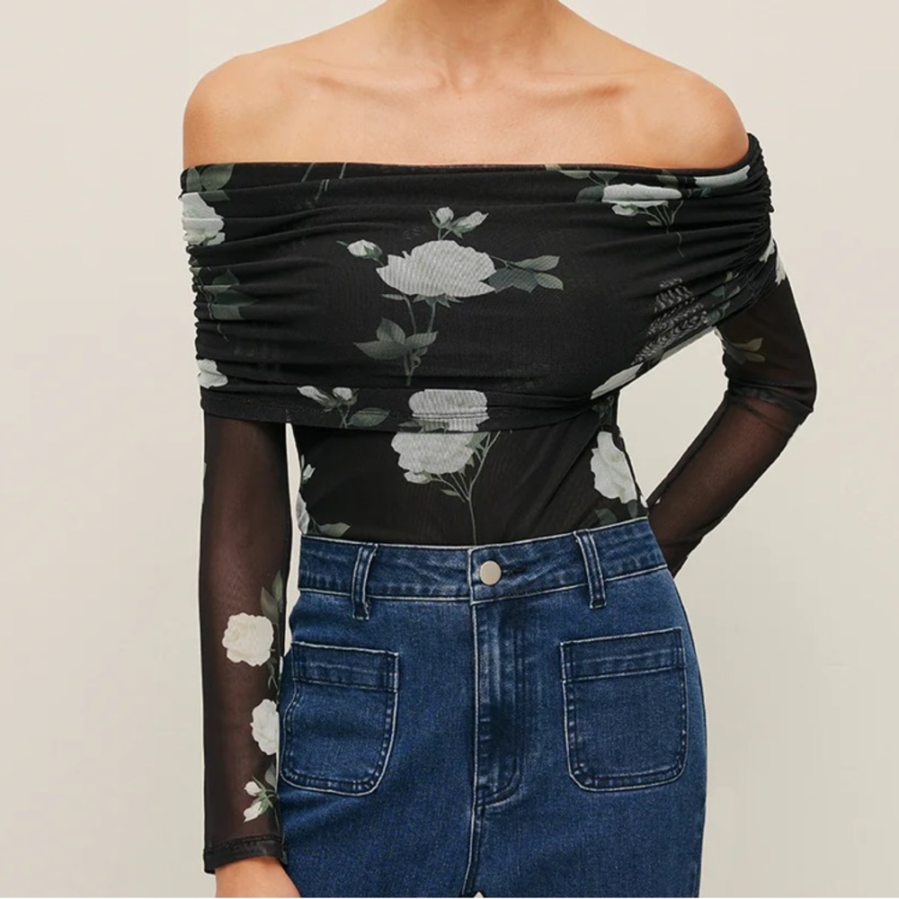 COMMENSE Black Semi-Sheer Floral Off-Shoulder Mesh Sleeve Top